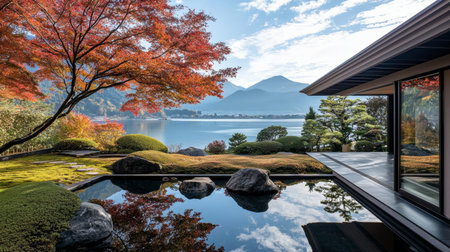 Luxury house in the garden with lake view and mountain backgroundの素材