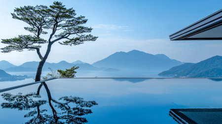Luxury swimming pool with mountain view in the morning. Panoramaの素材