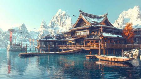 Fantasy landscape with traditional japanese architecture. 3D renderingの素材