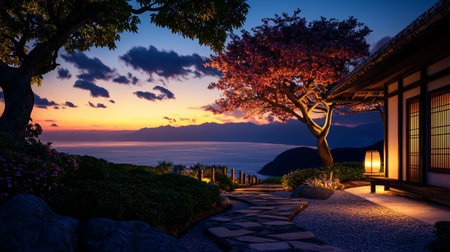 Sunset in the Japanese garden with a view of the sea.の素材