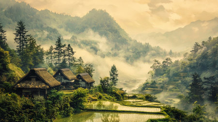 Rice terraces in Shirakawa-go, Japan.の素材