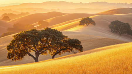 A Golden hills with trees at sunset create serene landscape, showcasing nature beauty and tranquility. warm light enhances rolling terrain and lush grassの素材