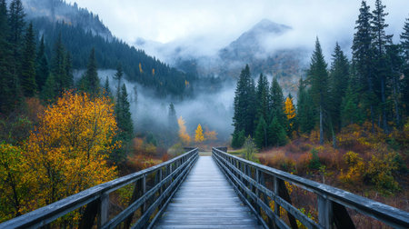 A serene wooden bridge stretches through misty forest, surrounded by vibrant autumn foliage and towering mountains. scene evokes sense of tranquility and connection with natureの素材