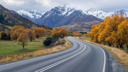 A Winding road through autumn trees with snow capped mountains in background, showcasing serene landscape. vibrant orange foliage contrasts beautifully with gray skyの素材