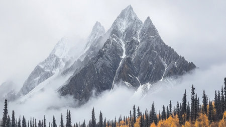 A Majestic mountain peaks rise above misty landscape, surrounded by evergreen trees and hints of autumn foliage. scene evokes sense of tranquility and aweの素材