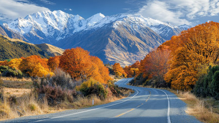 A Breathtaking autumn landscape featuring winding road surrounded by vibrant orange and yellow trees, with majestic snow capped mountains in backgroundの素材