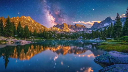 A stunning landscape featuring serene lake reflecting Milky Way and mountains under starry sky. scene captures beauty of nature and tranquilityの素材