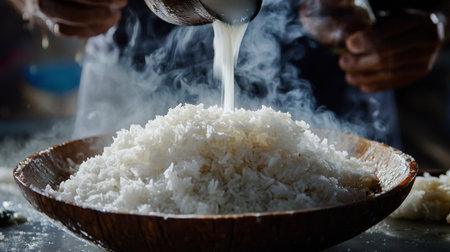 Cooking rice in a wooden bowl. Close-up shot.の素材