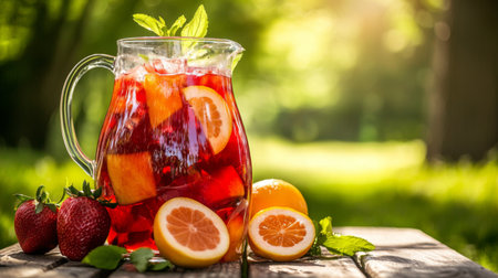 Sangria with strawberries, oranges and mint in the garden.の素材