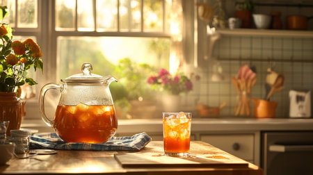 Glass teapot with ice tea on table in kitchen at homeの素材