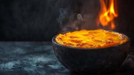 Potato gratin in a black bowl on a dark background.の素材