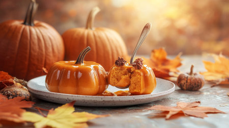 Pumpkin caramel candies with autumn leaves on rustic backgroundの素材