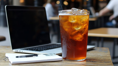 Iced cola with laptop on wooden table in coffee shop.の素材