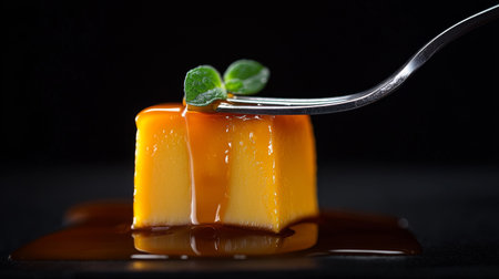 Caramel custard pudding with caramel sauce and mint on black backgroundの素材
