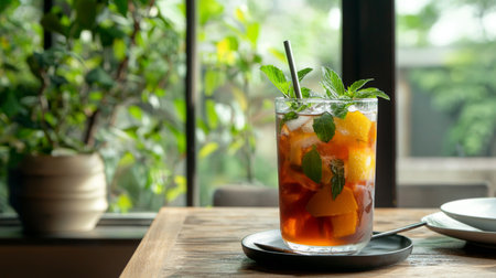 Glass of iced tea with mint on wooden table, stock photoの素材