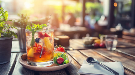 Fresh fruit cocktail with ice and mint on wooden table in coffee shopの素材