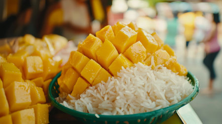 Mango and sticky rice on the table in the market, Thailand.の素材