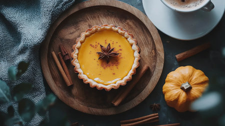 Pumpkin pie with cinnamon, anise and coffee on wooden plateの素材
