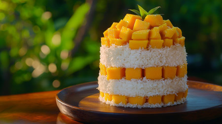Mango and coconut cake on wooden table with bokeh backgroundの素材