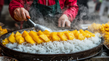 Thai street food, fried mango and sticky rice in a panの素材