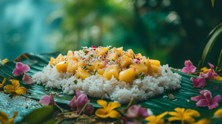 Rice with mango and coconut, Thai traditional food, selective focusの素材