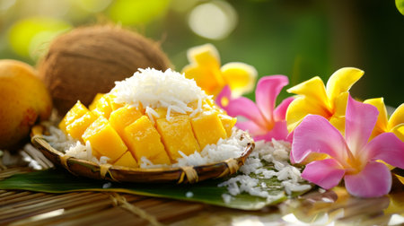 mango and coconut on the table with flower background, stock photoの素材