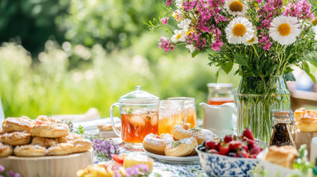 Summer picnic in the garden with a cup of tea and a bouquet of flowersの素材