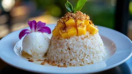 Mango ice cream with rice and mango on white plate, Thailand.の素材