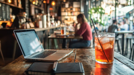 Laptop computer on a wooden table in a coffee shop with a woman in the backgroundの素材
