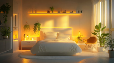 A cozy bedroom featuring warm lighting, comfortable bed with white linens, and various indoor plants creating serene atmosphere. space is designed for relaxation and tranquilityの素材