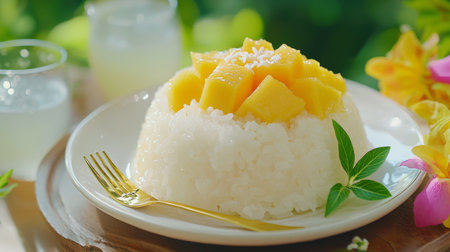 Mango ice cream with sticky rice on white plate, stock photoの素材