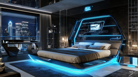 A modern bedroom featuring futuristic design with sleek bed illuminated by blue LED lights. room has stunning city view at night, showcasing blend of technology and comfortの素材