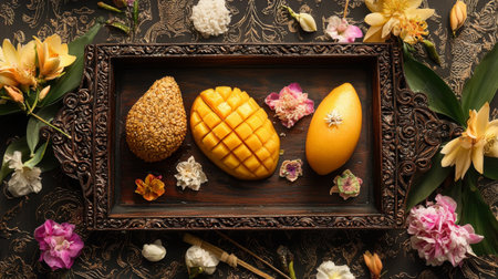 Mango fruit and flower on wooden tray, top view, flat layの素材