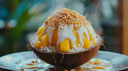 Coconut ice cream with mango and coconut flakes on the tableの素材