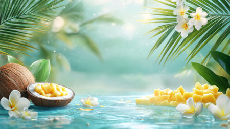 Coconut and mango slices on turquoise background with tropical flowersの素材
