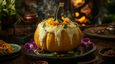 Pumpkin with whipped creamrated with flowers and mint leavesの素材