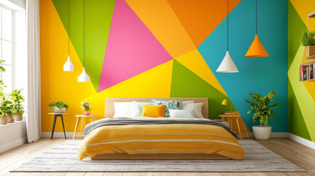 A Bright and colorful bedroom featuring geometric wall design with vibrant colors like orange, green, pink, and blue. cozy bed is adorned with decorative pillows, creating cheerful atmosphereの素材