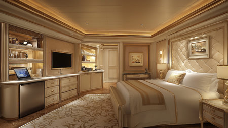 A Luxurious hotel room featuring elegant decor, plush king size bed, and sophisticated lighting. space includes stylish workstation, mini fridge, and tasteful artwork, creating serene atmosphereの素材