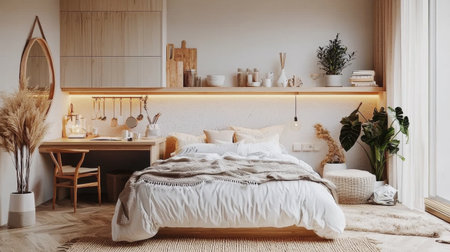 A cozy and modern bedroom featuring large bed with white bedding, wooden desk, and decorative plants. warm lighting creates serene atmosphere, perfect for relaxationの素材