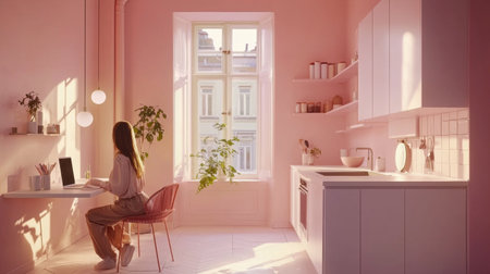 A serene home office scene featuring woman working at desk in stylish pink room. sunlight filters through large window, illuminating plants and modern decor, creating calm atmosphereの素材