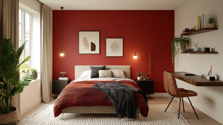 A modern bedroom featuring cozy bed with textured blanket, stylish wall art, and warm red accent wall. room is adorned with plants and sleek desk, creating welcoming atmosphereの素材