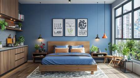 A modern bedroom featuring wooden bed with blue bedding, stylish wall art, and greenery. room has large windows allowing natural light, creating cozy and inviting atmosphereの素材