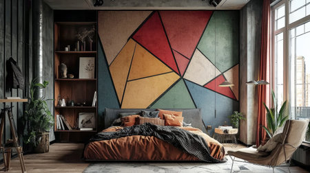 A modern bedroom featuring geometric accent wall with vibrant colors, cozy bed adorned with pillows and blanket, and stylish decor elements that create warm and inviting atmosphereの素材