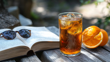 Glass of cola with ice cubes, book and orange on wooden tableの素材