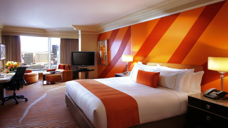 A Luxurious hotel room featuring king sized bed, vibrant orange accent wall, modern furnishings, and stunning city view. space exudes comfort and style, perfect for relaxationの素材