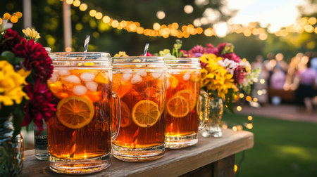 Iced tea with lemon and orange slices in glass jars on wooden tableの素材