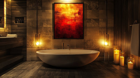 A modern bathroom featuring stylish freestanding bathtub, warm ambient lighting, and striking abstract painting on wall. serene atmosphere is enhanced by candles, creating relaxing spaceの素材