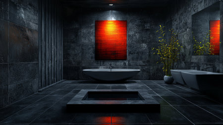 A modern bathroom featuring sleek bathtub, minimalist design, and dark stone tiles. vibrant red artwork adds striking contrast to serene atmosphere, creating luxurious and calming spaceの素材