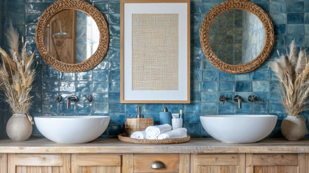 A beautifully designed bathroom featuring two round mirrors above elegant vessel sinks. blue tiled wall adds refreshing touch, complemented by natural decor elements like dried plants and neatlyの素材
