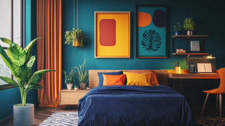 A modern bedroom featuring blue bedspread, vibrant orange and yellow pillows, and colorful wall art. room is adorned with plants, wooden desk, and large windows, creating cozy atmosphereの素材
